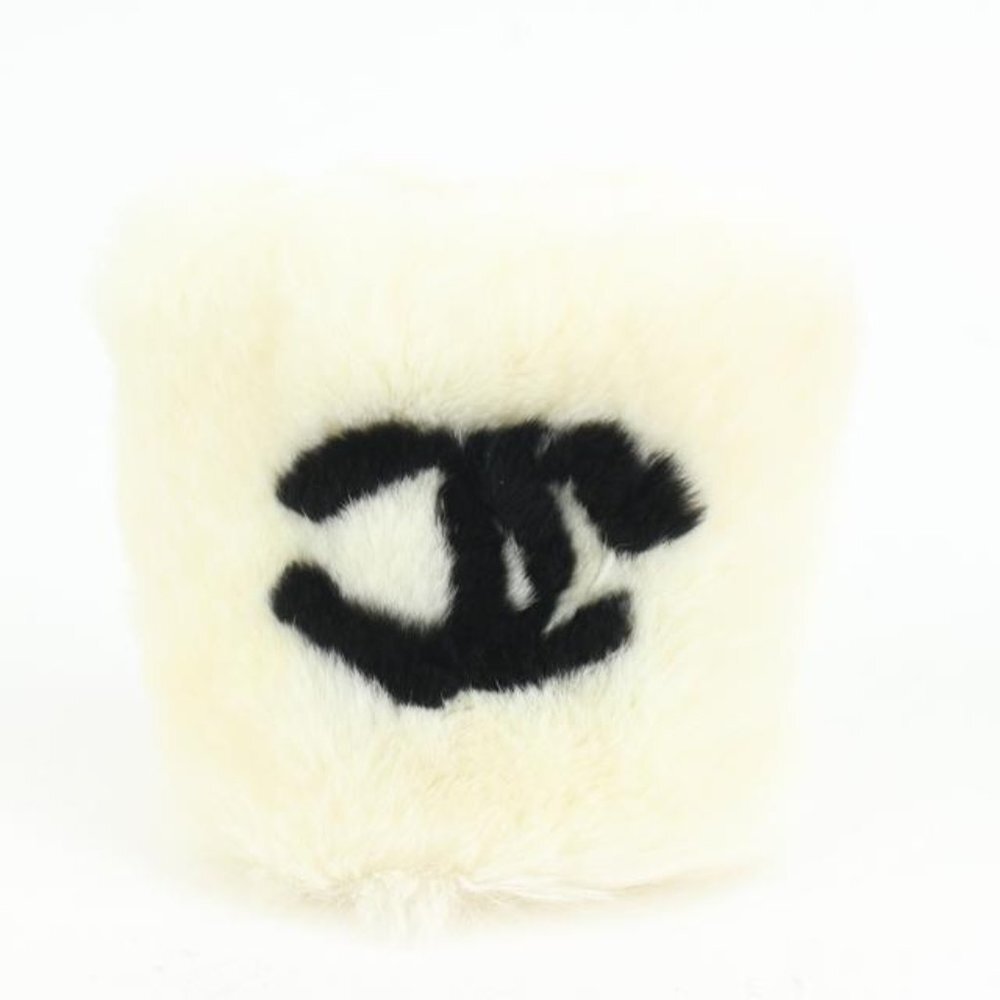"Chanel White x Black CC Rabbit Fur Wrist Band Bracelet s331ck41 "